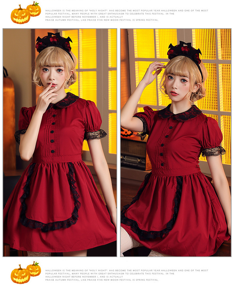 Halloween costume, red and black lace fitted evil castle maid cosplay outfit, includes bat headpiece.