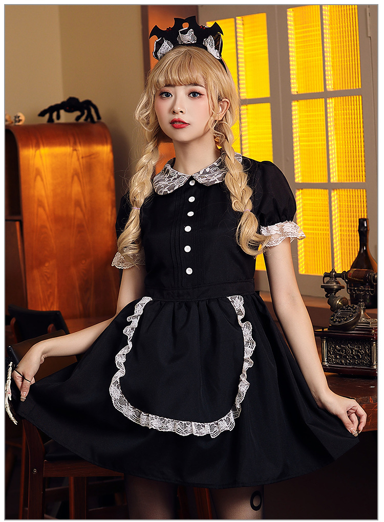 Halloween costume, red and black lace fitted evil castle maid cosplay outfit, includes bat headpiece.