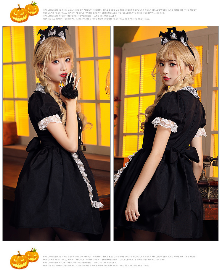 Halloween costume, red and black lace fitted evil castle maid cosplay outfit, includes bat headpiece.