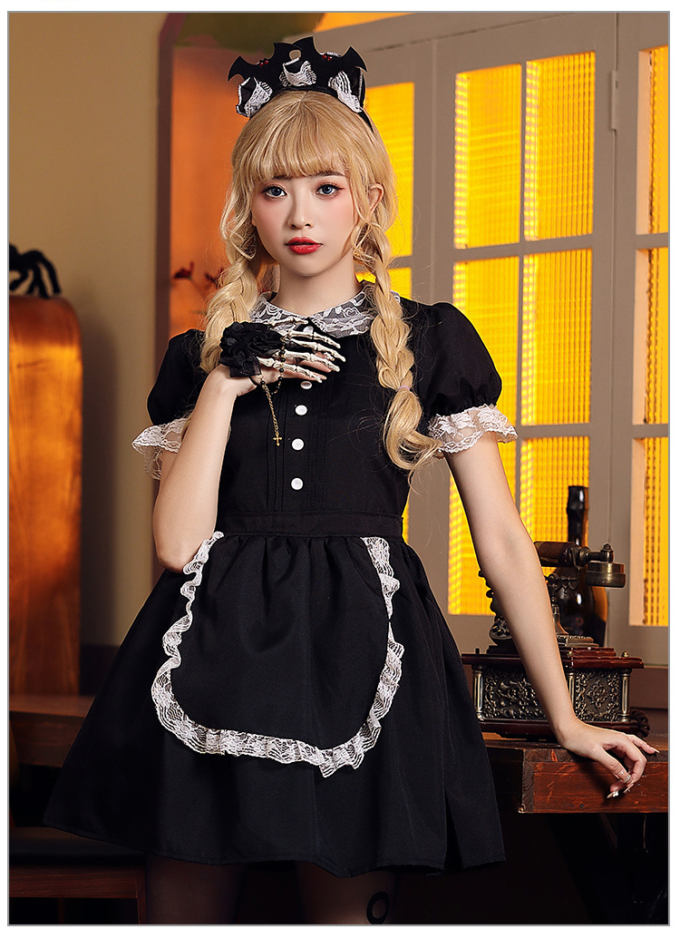 Halloween costume, red and black lace fitted evil castle maid cosplay outfit, includes bat headpiece.