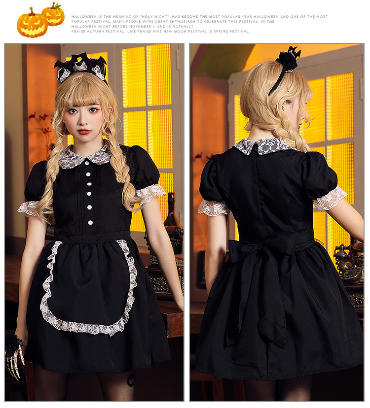 Halloween costume, red and black lace fitted evil castle maid cosplay outfit, includes bat headpiece.