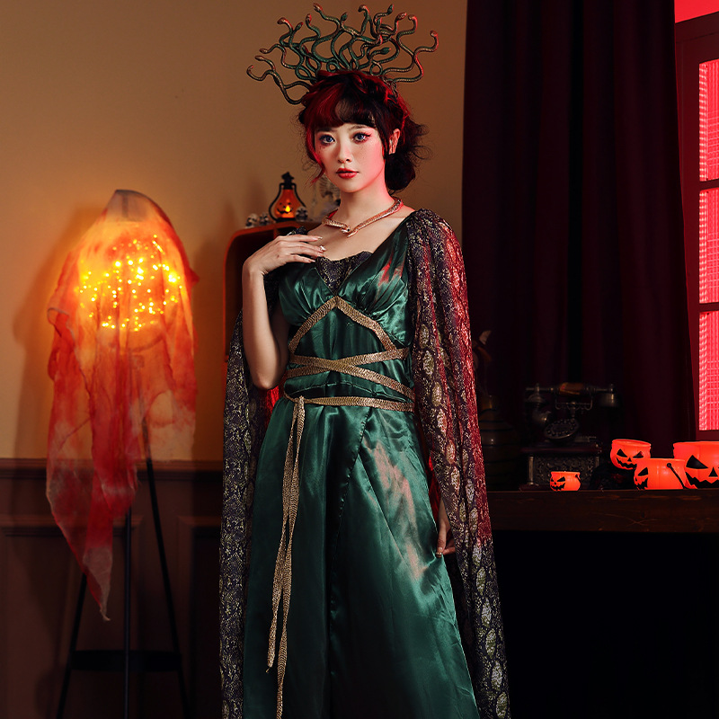 Halloween party costume: Greek mythology, petrified serpent head siren, green with headdress, Medusa long dress