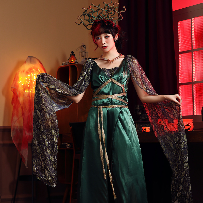Halloween party costume: Greek mythology, petrified serpent head siren, green with headdress, Medusa long dress