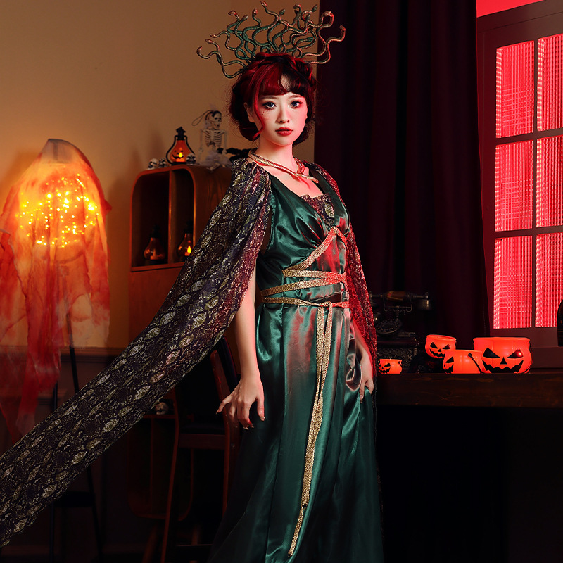 Halloween party costume: Greek mythology, petrified serpent head siren, green with headdress, Medusa long dress