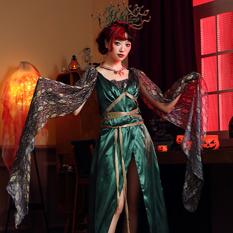 Halloween party costume: Greek mythology, petrified serpent head siren, green with headdress, Medusa long dress