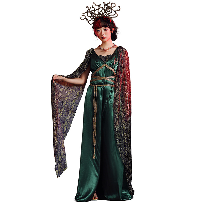 Halloween party costume: Greek mythology, petrified serpent head siren, green with headdress, Medusa long dress