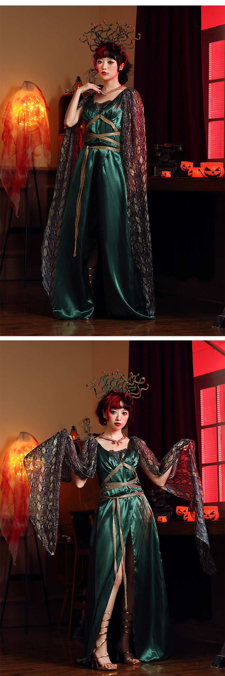 Halloween party costume: Greek mythology, petrified serpent head siren, green with headdress, Medusa long dress