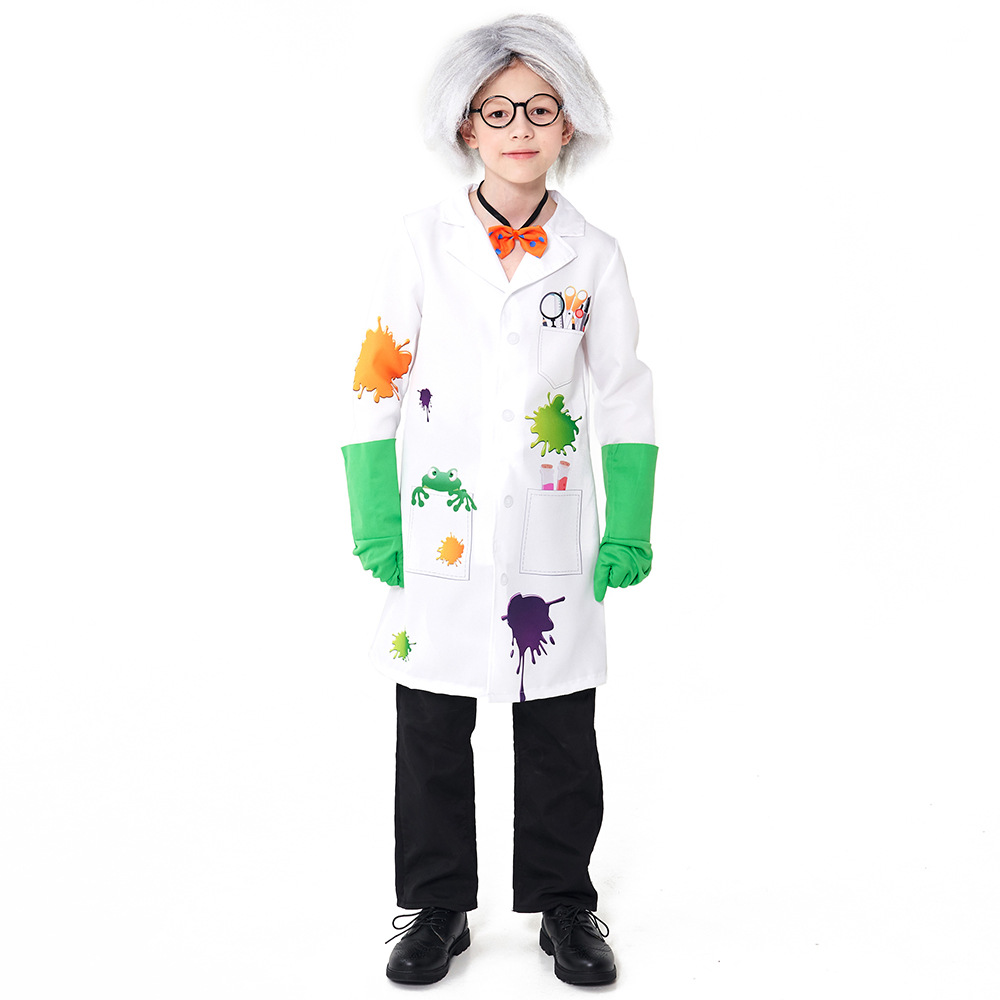 Children's Mad Scientist Role-Playing Costume: Printed White Lab Coat with Wig, Glasses, and Gloves - Professional Experience Cosplay
