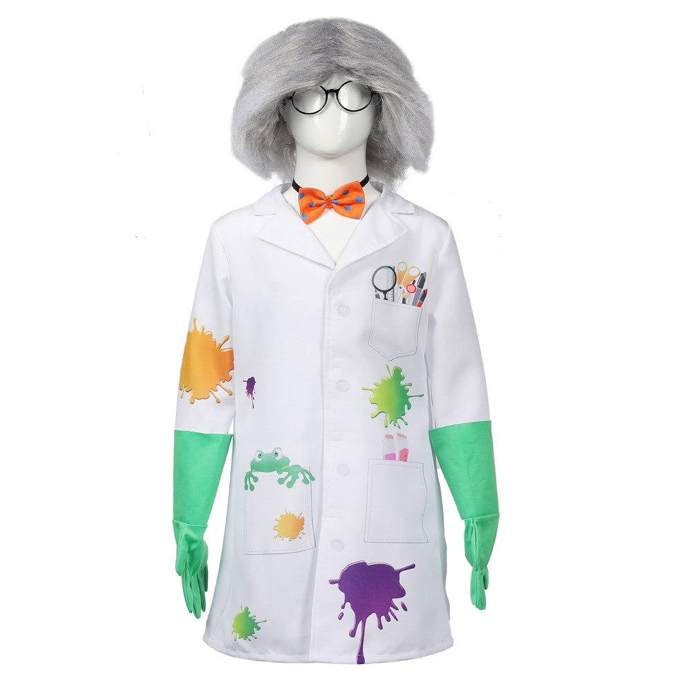 Children's Mad Scientist Role-Playing Costume: Printed White Lab Coat with Wig, Glasses, and Gloves - Professional Experience Cosplay
