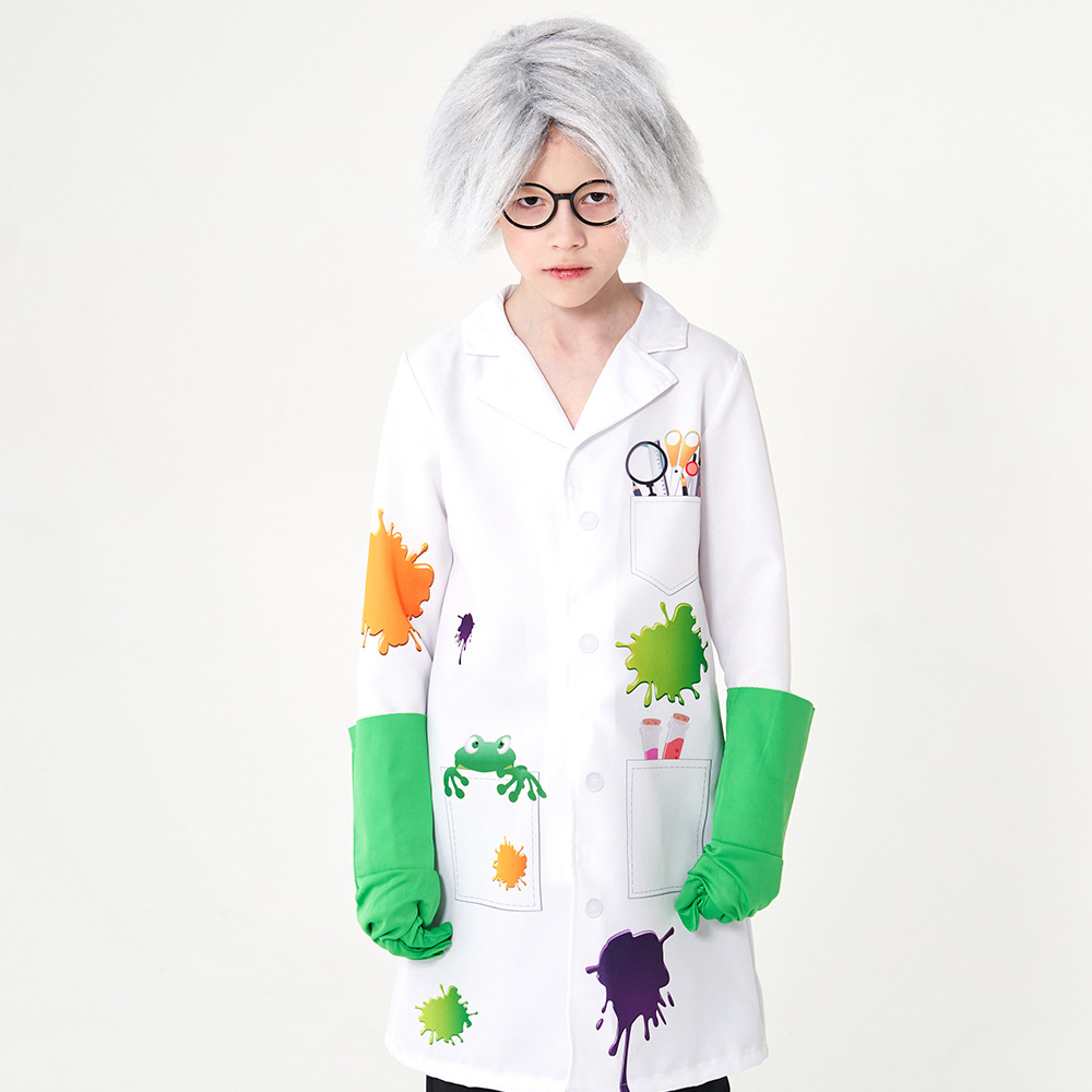 Children's Mad Scientist Role-Playing Costume: Printed White Lab Coat with Wig, Glasses, and Gloves - Professional Experience Cosplay