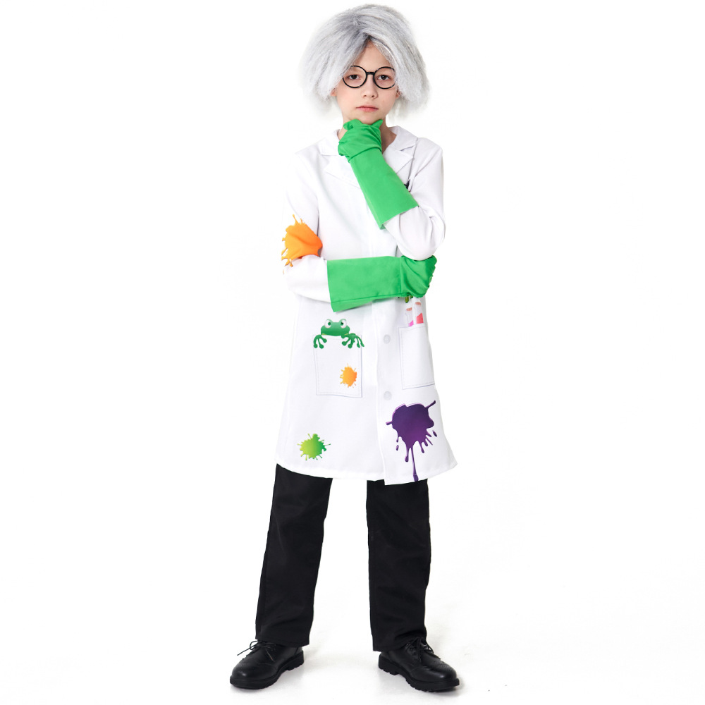 Children's Mad Scientist Role-Playing Costume: Printed White Lab Coat with Wig, Glasses, and Gloves - Professional Experience Cosplay