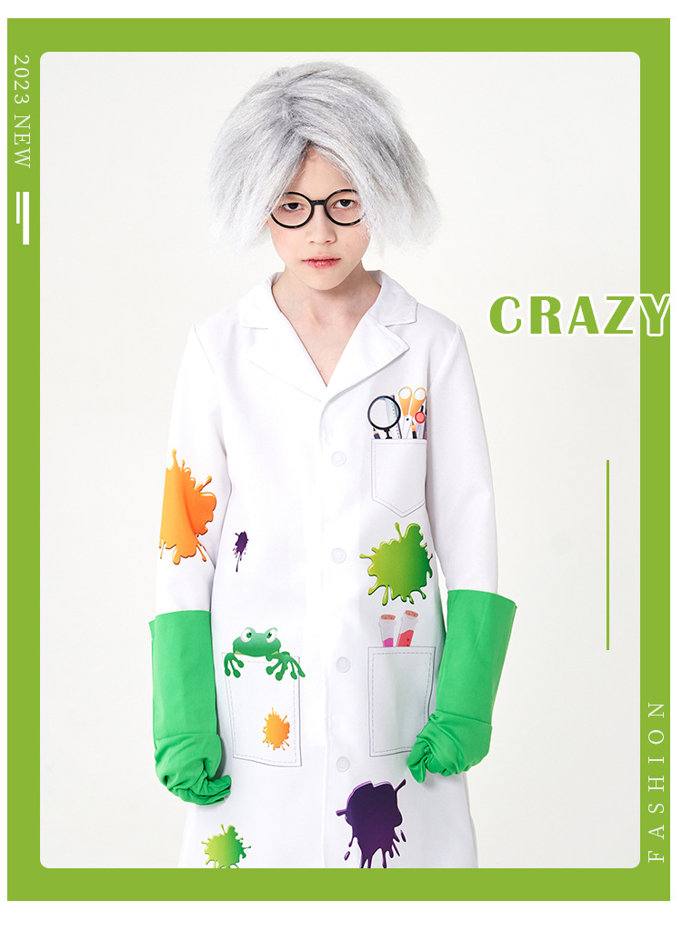 Children's Mad Scientist Role-Playing Costume: Printed White Lab Coat with Wig, Glasses, and Gloves - Professional Experience Cosplay
