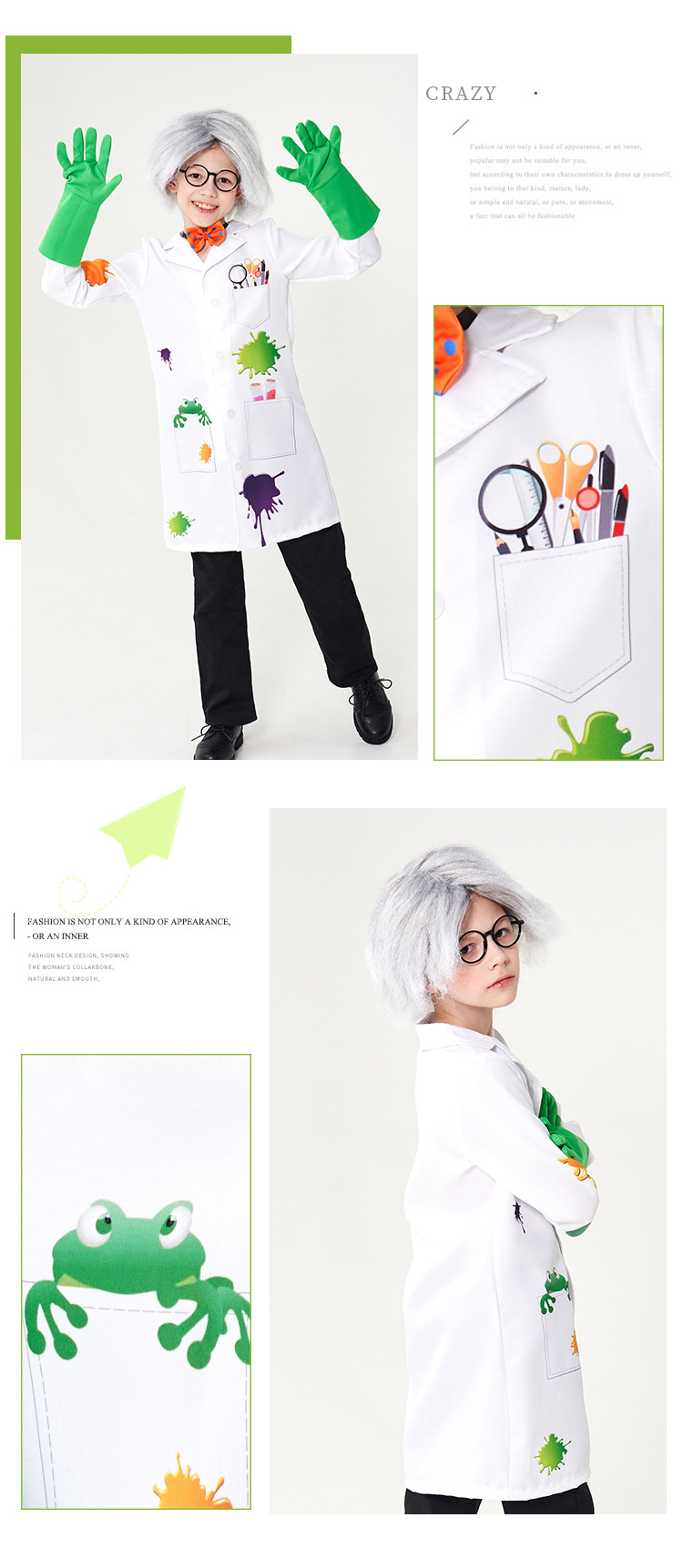 Children's Mad Scientist Role-Playing Costume: Printed White Lab Coat with Wig, Glasses, and Gloves - Professional Experience Cosplay