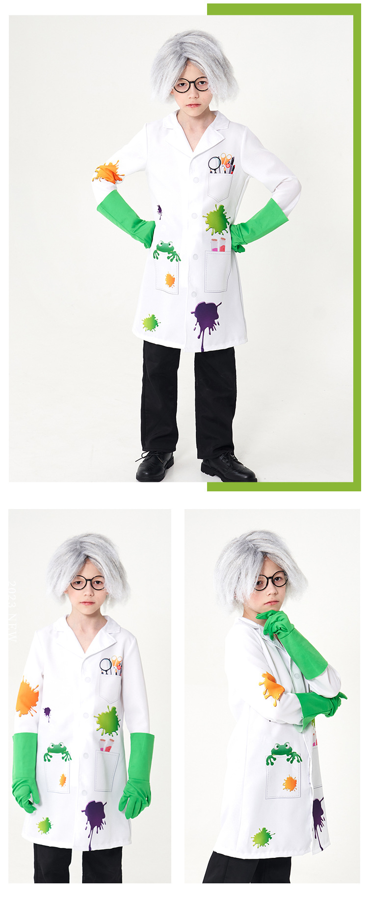 Children's Mad Scientist Role-Playing Costume: Printed White Lab Coat with Wig, Glasses, and Gloves - Professional Experience Cosplay