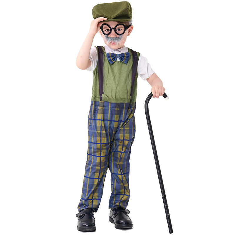 Halloween costume for children, role-playing grandpa onesie with hat and glasses, plaid pants.