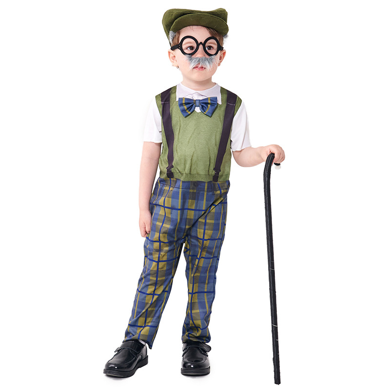 Halloween costume for children, role-playing grandpa onesie with hat and glasses, plaid pants.
