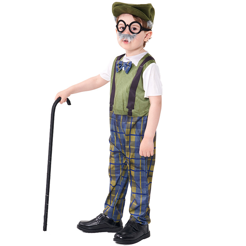 Halloween costume for children, role-playing grandpa onesie with hat and glasses, plaid pants.