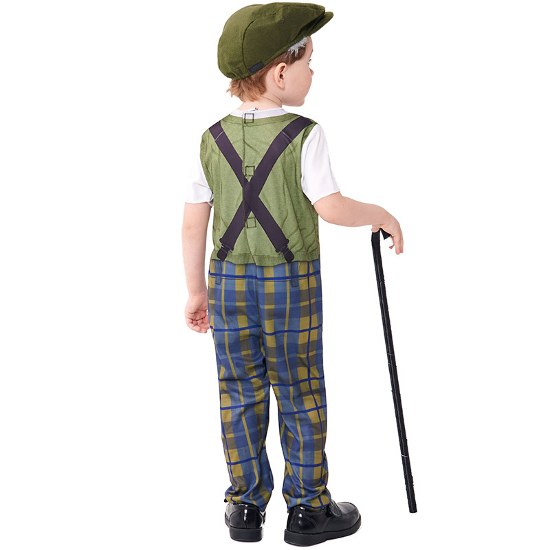 Halloween costume for children, role-playing grandpa onesie with hat and glasses, plaid pants.
