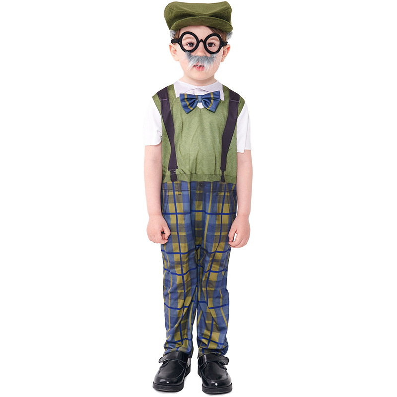 Halloween costume for children, role-playing grandpa onesie with hat and glasses, plaid pants.