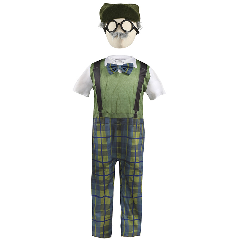 Halloween costume for children, role-playing grandpa onesie with hat and glasses, plaid pants.