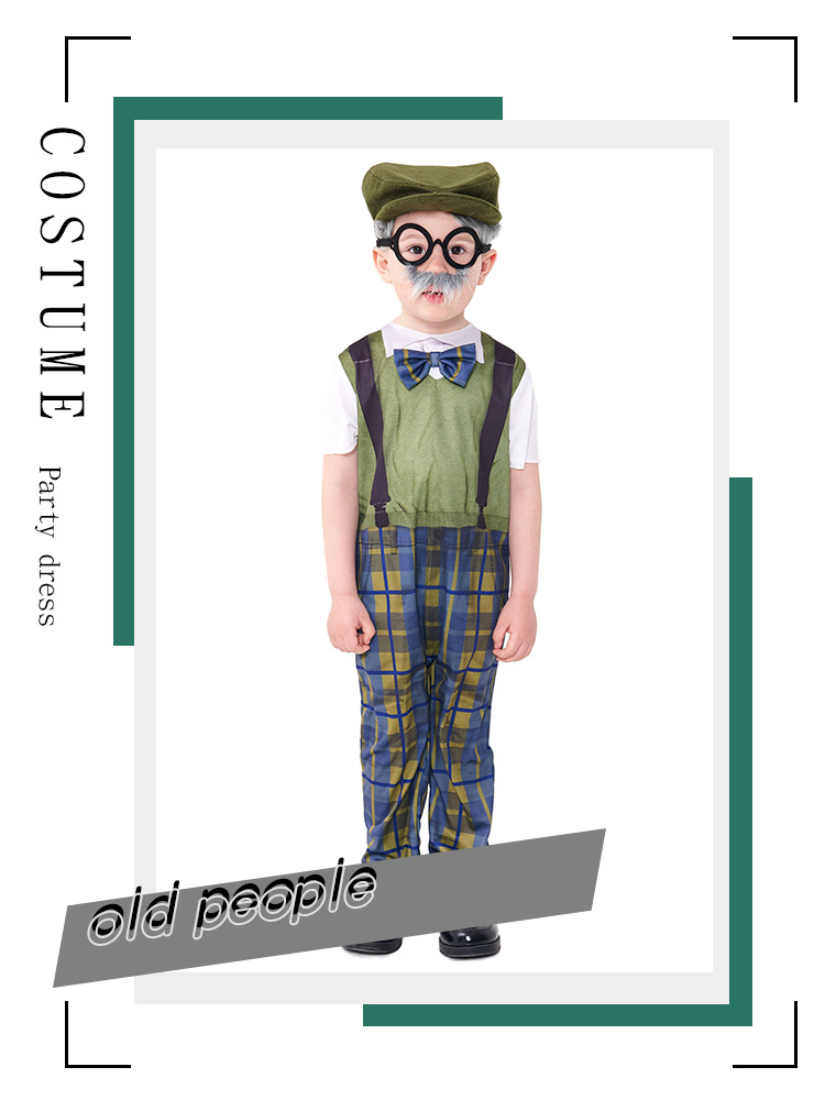 Halloween costume for children, role-playing grandpa onesie with hat and glasses, plaid pants.
