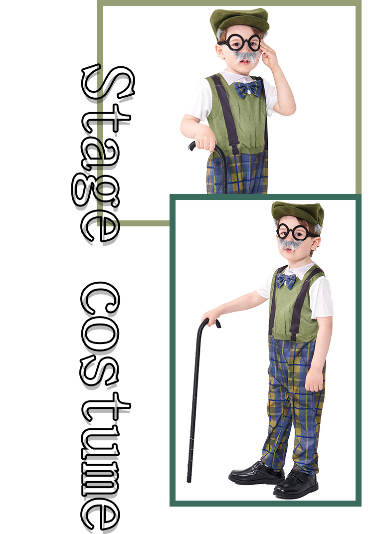 Halloween costume for children, role-playing grandpa onesie with hat and glasses, plaid pants.