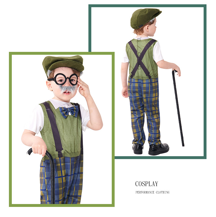 Halloween costume for children, role-playing grandpa onesie with hat and glasses, plaid pants.