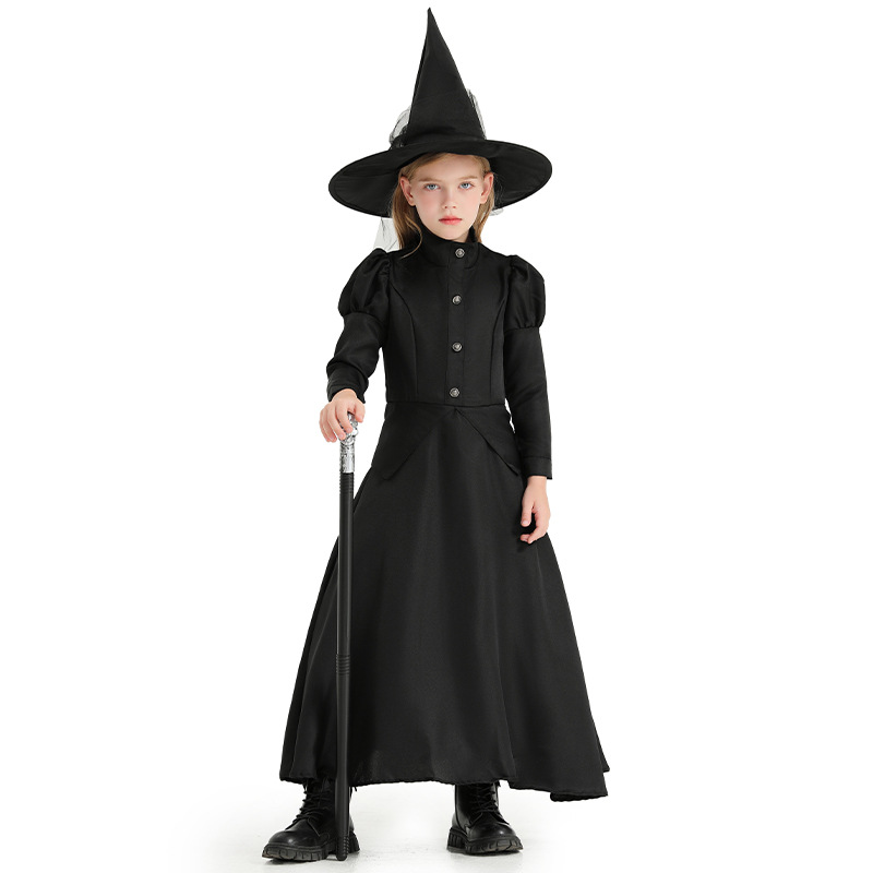 Halloween Costume: Black Long Black Witch Dress for Children, Costume Party Attire, Elegant Witch Robe
