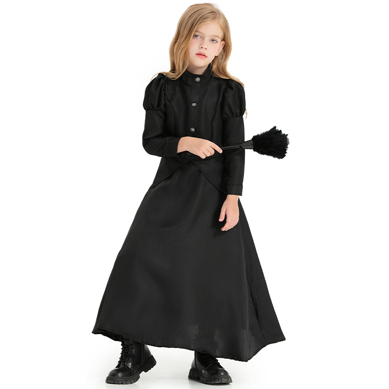 Halloween Costume: Black Long Black Witch Dress for Children, Costume Party Attire, Elegant Witch Robe