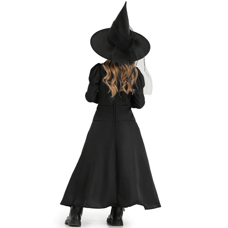 Halloween Costume: Black Long Black Witch Dress for Children, Costume Party Attire, Elegant Witch Robe