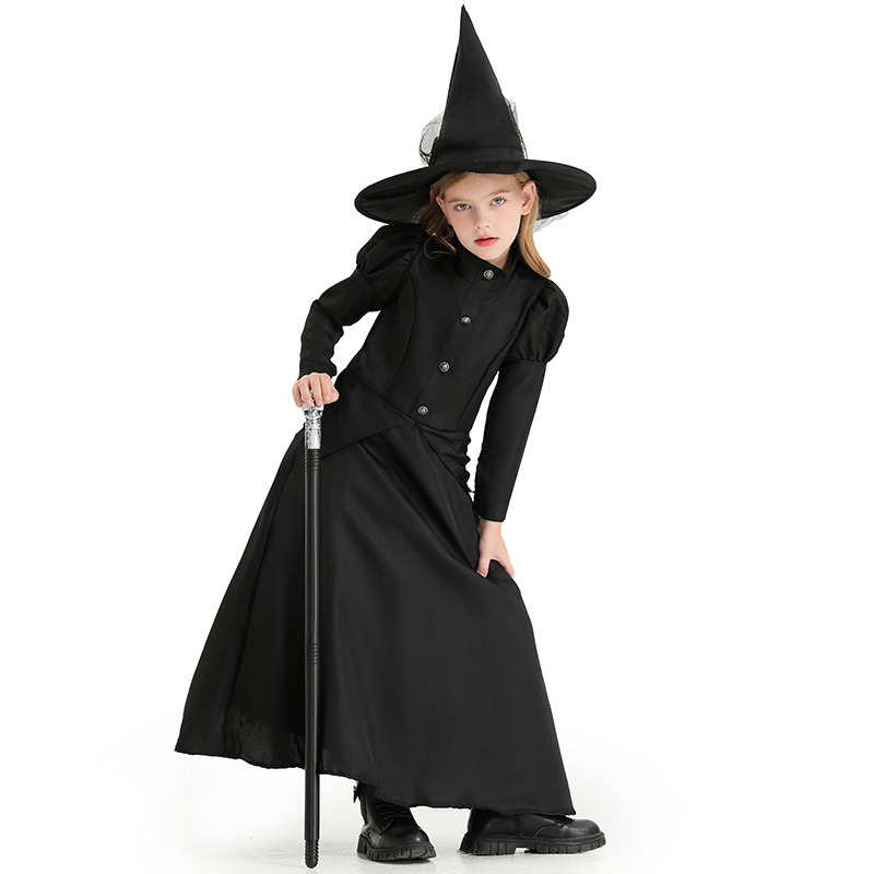 Halloween Costume: Black Long Black Witch Dress for Children, Costume Party Attire, Elegant Witch Robe