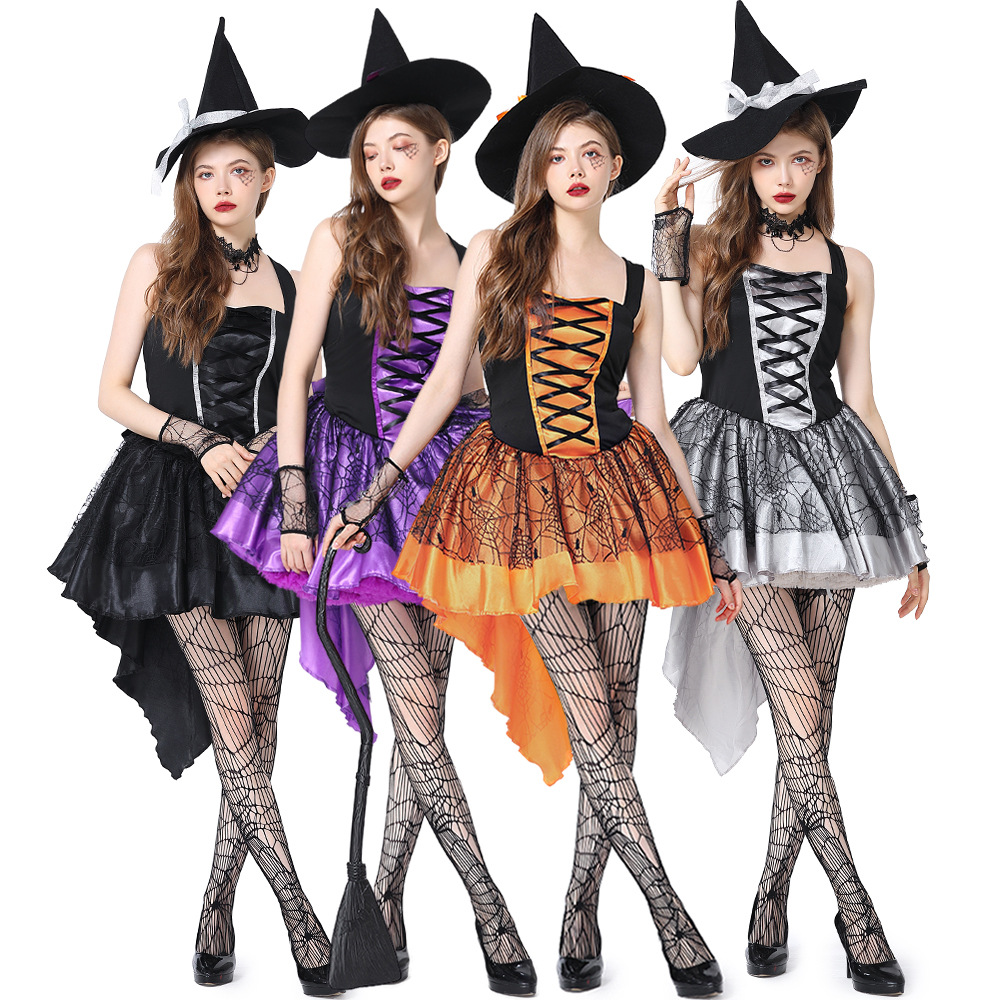 Multicolored adult witch costume, halter top, spider web skirt, Halloween masquerade, commercial performance, photo shoot outfit