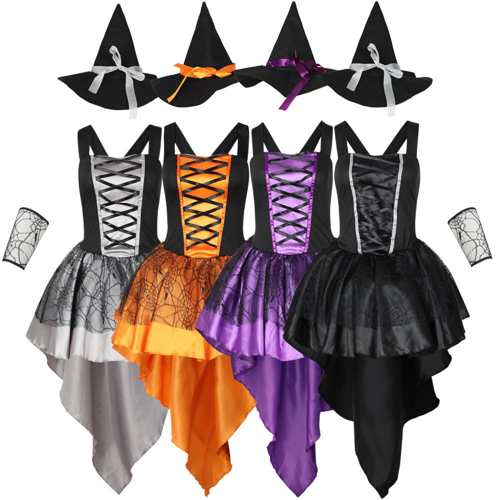 Multicolored adult witch costume, halter top, spider web skirt, Halloween masquerade, commercial performance, photo shoot outfit