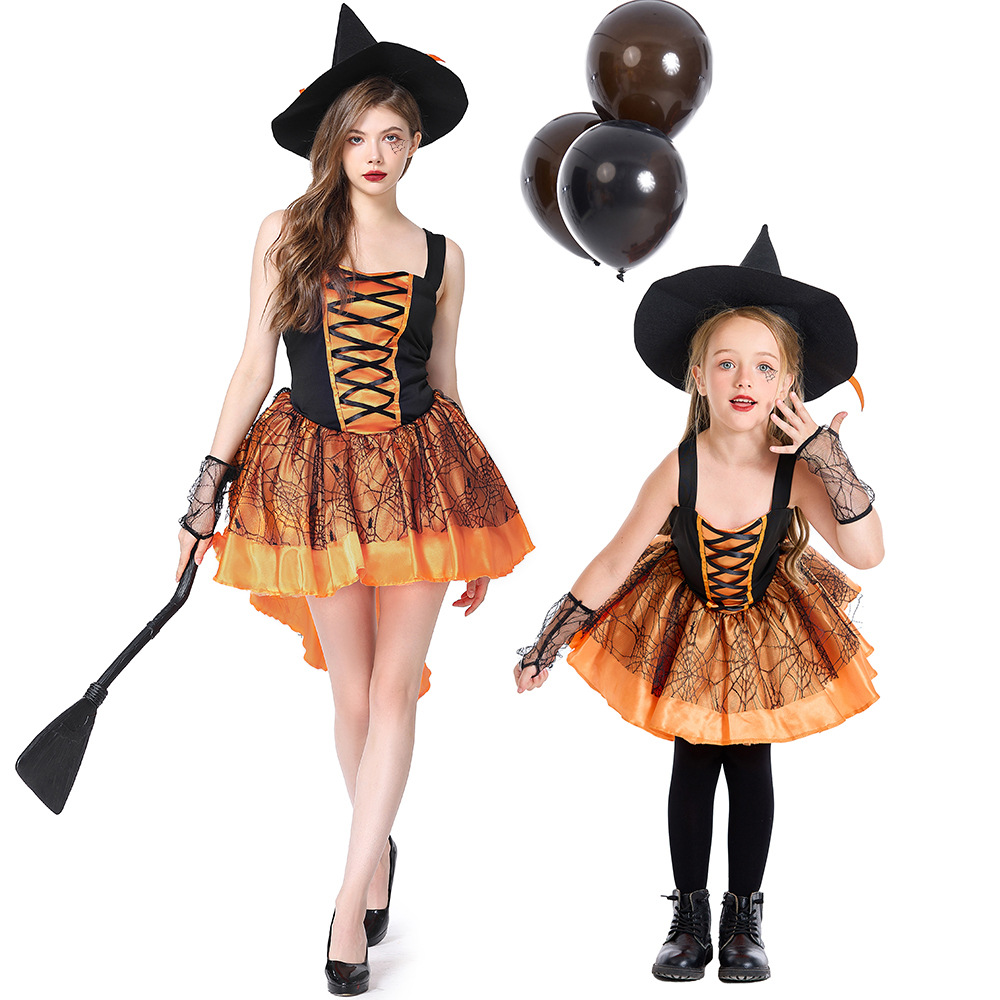Multicolored adult witch costume, halter top, spider web skirt, Halloween masquerade, commercial performance, photo shoot outfit