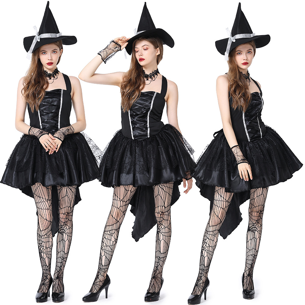 Multicolored adult witch costume, halter top, spider web skirt, Halloween masquerade, commercial performance, photo shoot outfit