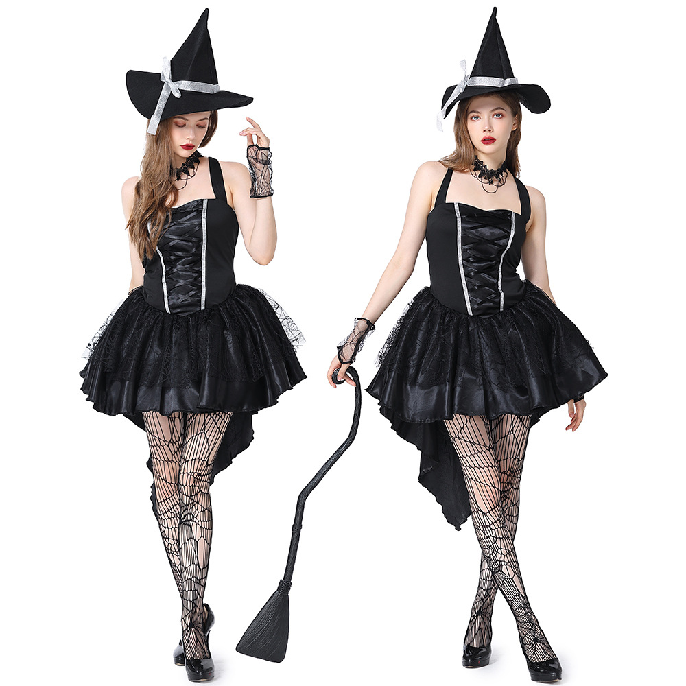 Multicolored adult witch costume, halter top, spider web skirt, Halloween masquerade, commercial performance, photo shoot outfit