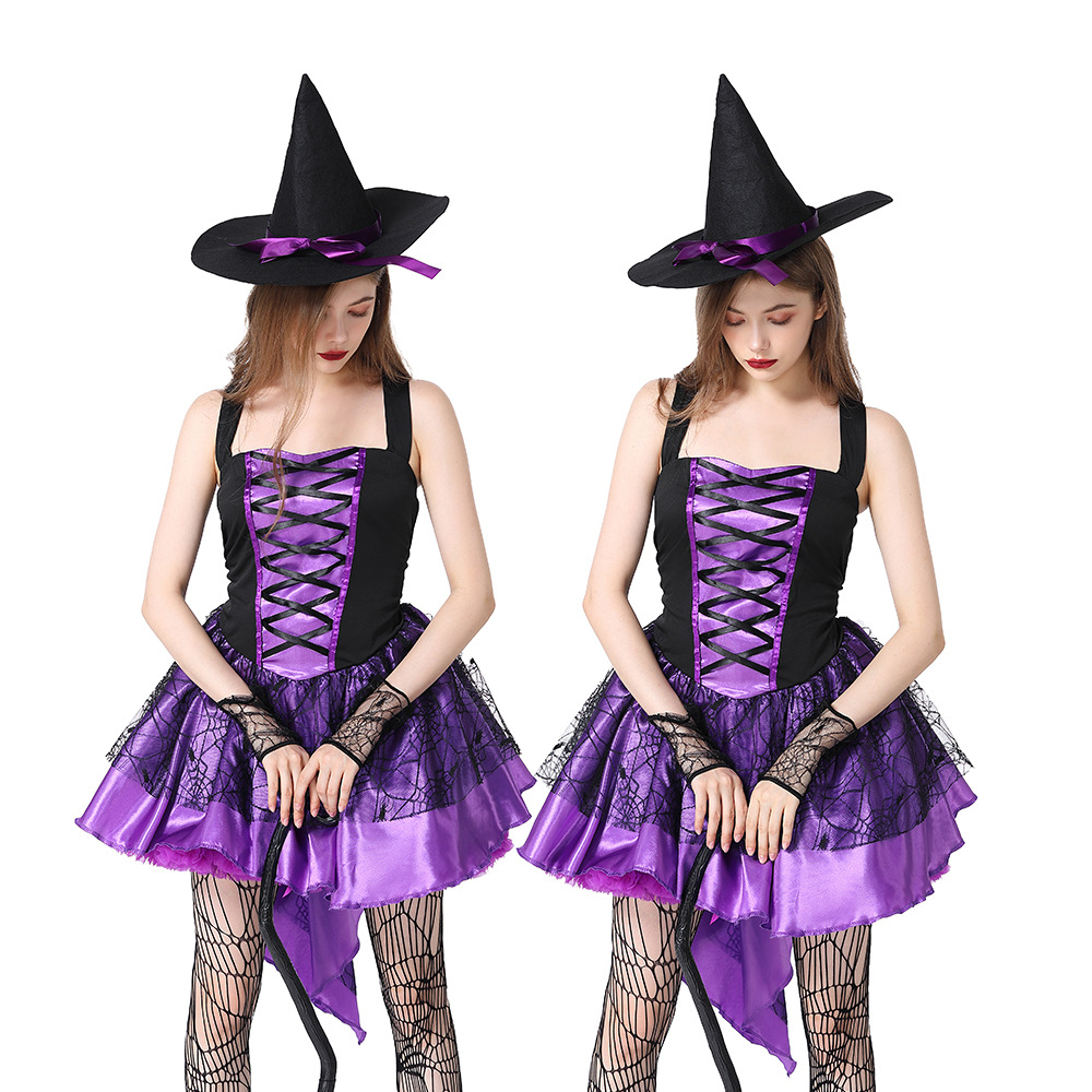 Multicolored adult witch costume, halter top, spider web skirt, Halloween masquerade, commercial performance, photo shoot outfit