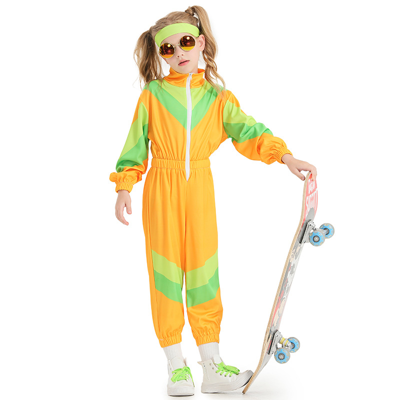 Retro disco children's dance costume, yellow and green color-blocked onesie sportswear