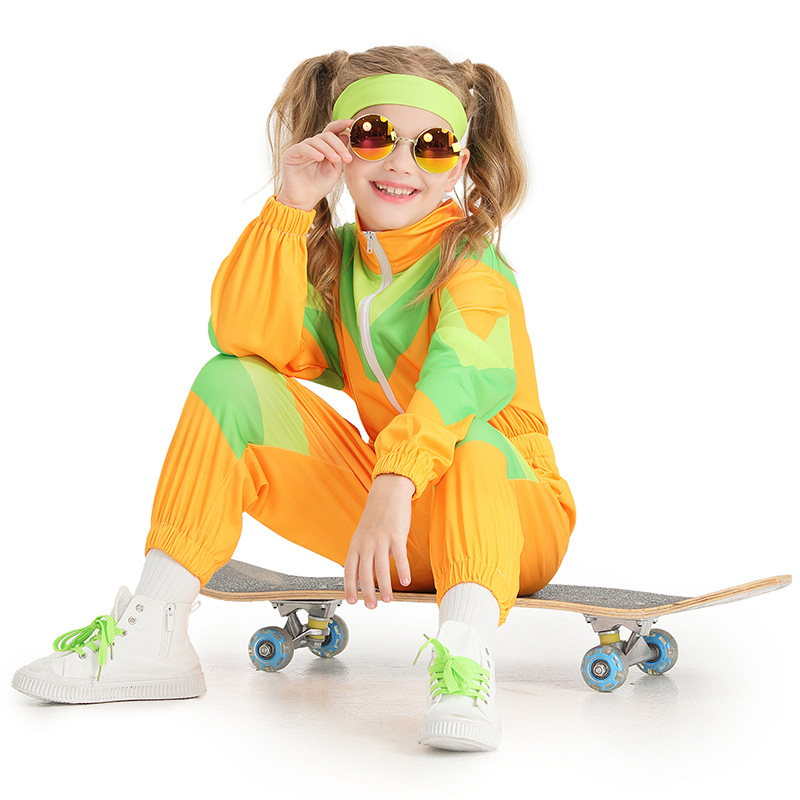 Retro disco children's dance costume, yellow and green color-blocked onesie sportswear