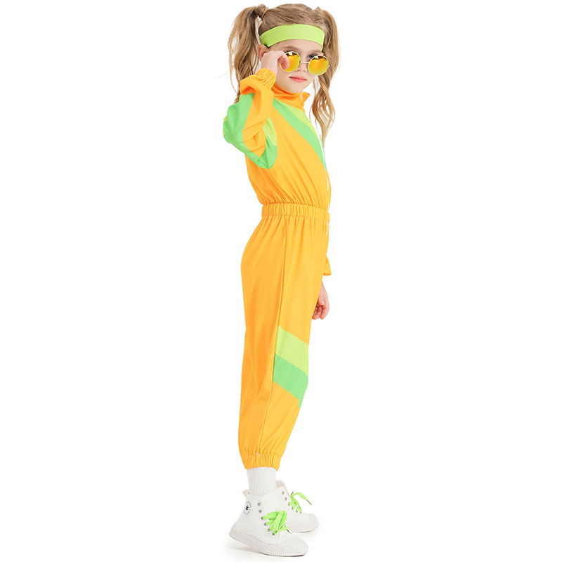 Retro disco children's dance costume, yellow and green color-blocked onesie sportswear