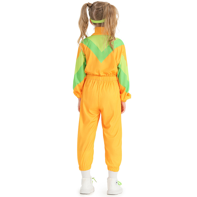 Retro disco children's dance costume, yellow and green color-blocked onesie sportswear