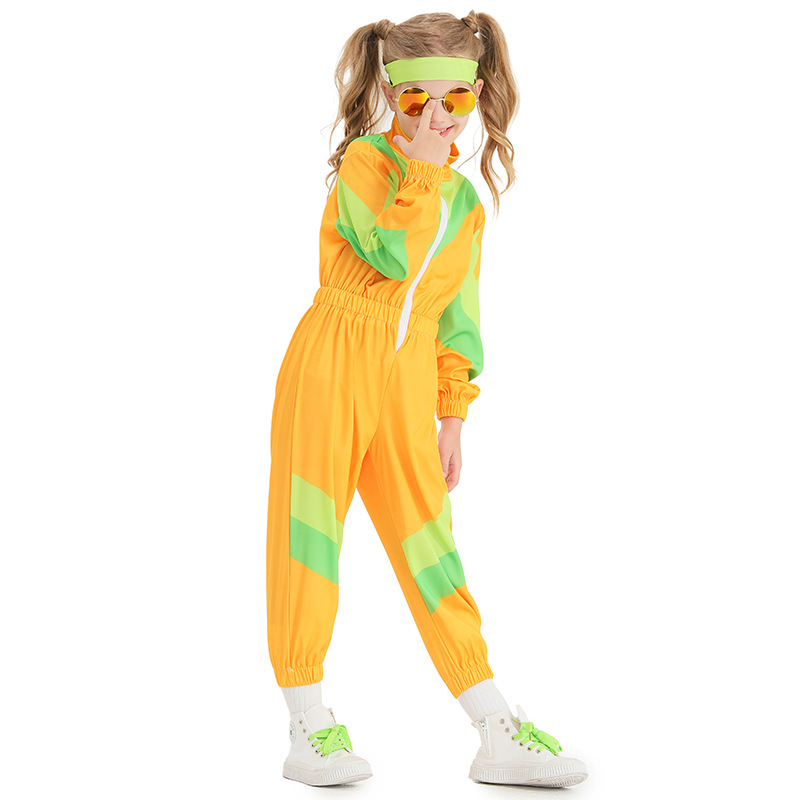 Retro disco children's dance costume, yellow and green color-blocked onesie sportswear