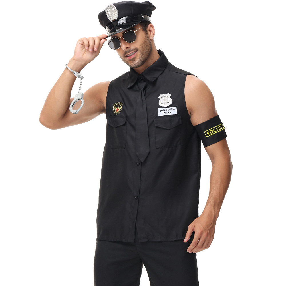 New adult male police officer role-playing cosplay game costume