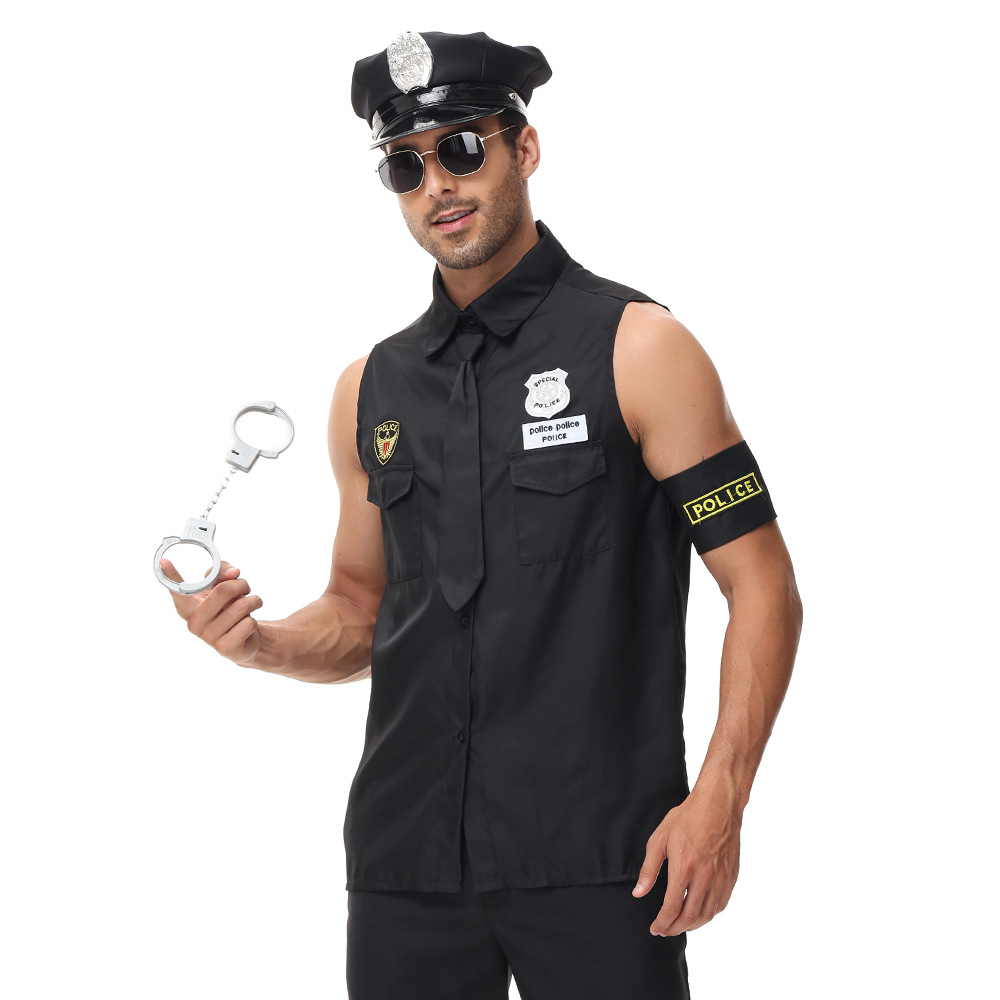 New adult male police officer role-playing cosplay game costume