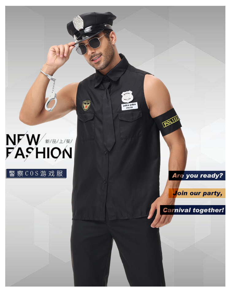 New adult male police officer role-playing cosplay game costume