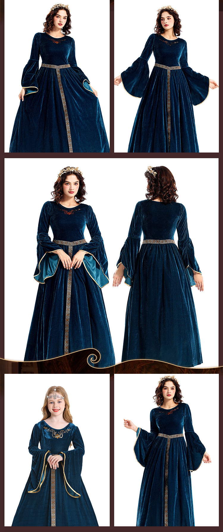 Halloween costume, retro court ball costume, bell sleeves, cosplay children's performance costume, European medieval costume