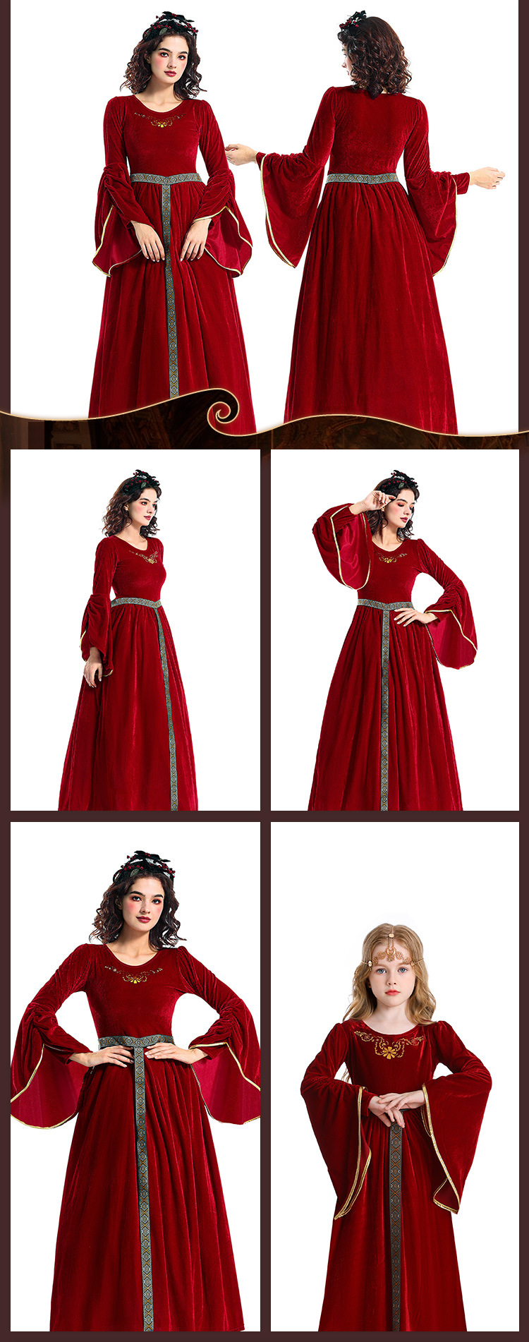Halloween costume, retro court ball costume, bell sleeves, cosplay children's performance costume, European medieval costume