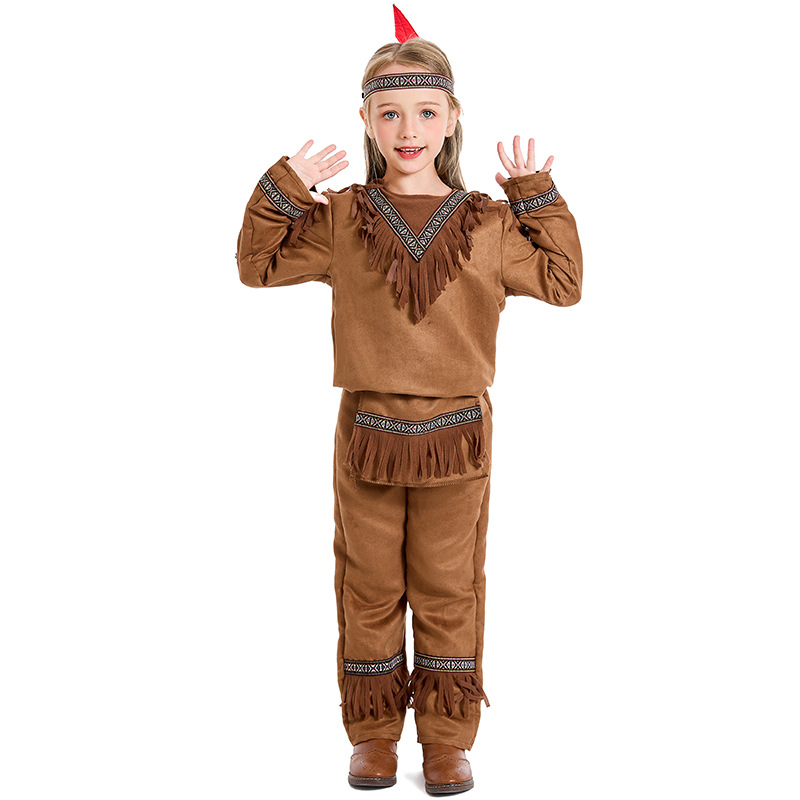 Halloween costumes for boys, stage performances, indigenous children's costumes, and costumes for male Native American chiefs.