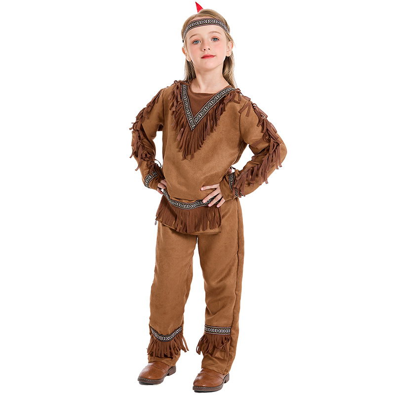 Halloween costumes for boys, stage performances, indigenous children's costumes, and costumes for male Native American chiefs.