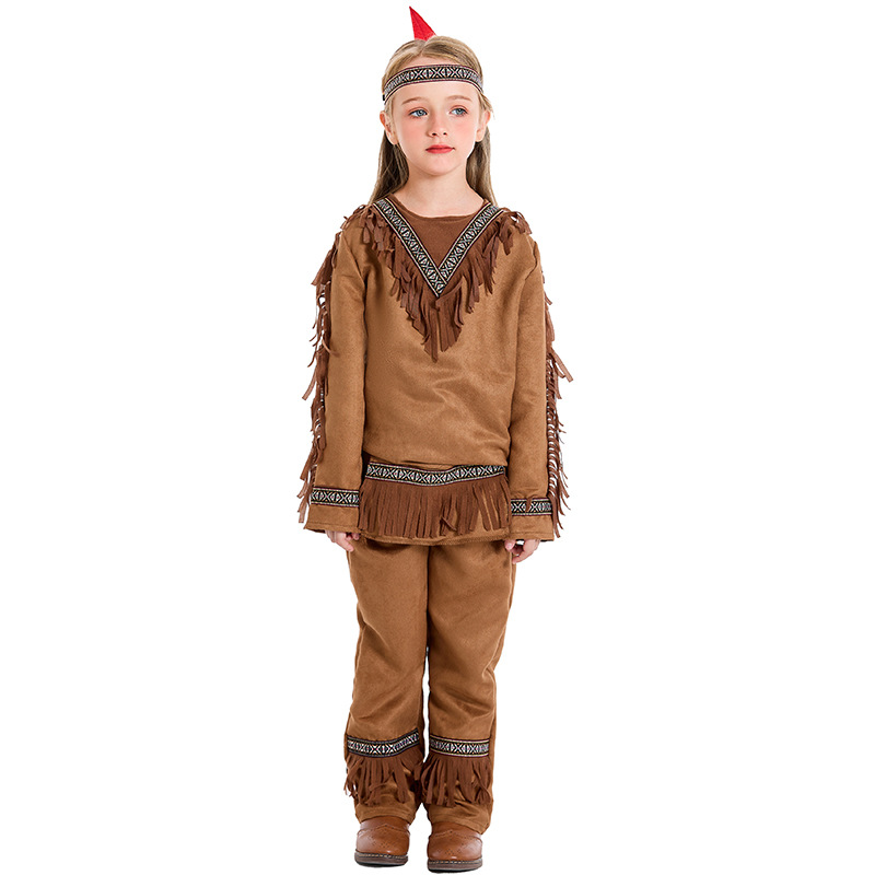 Halloween costumes for boys, stage performances, indigenous children's costumes, and costumes for male Native American chiefs.